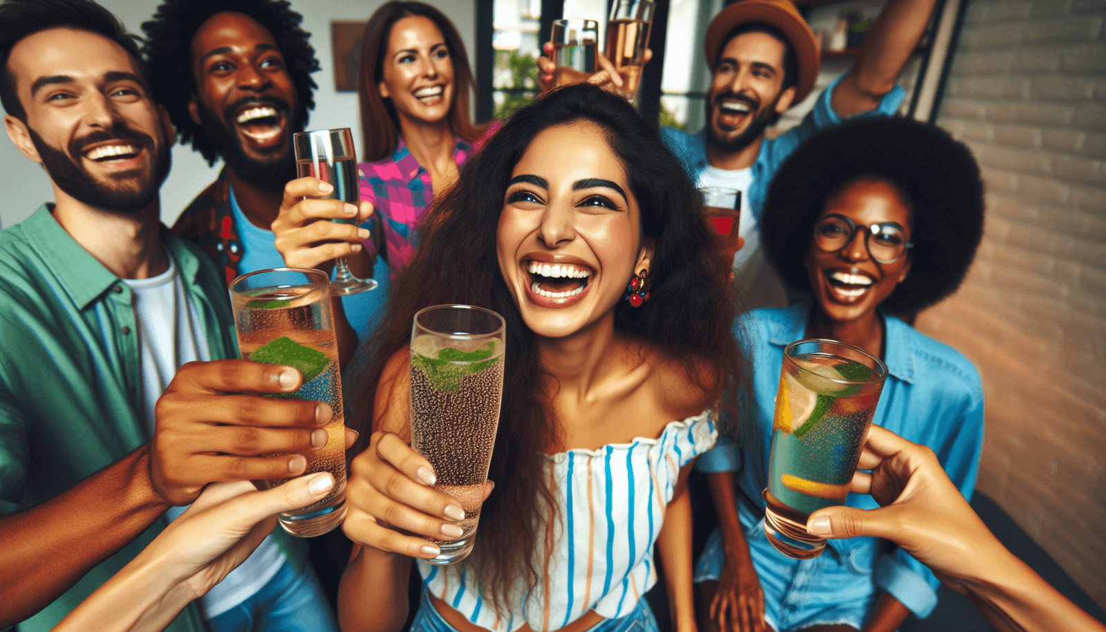 En munter ung kvinne løfter glasset med kullsyreholdig vann på en livlig fest, omgitt av venner som skåler med fargerike cocktails, og viser gleden ved å være sosial uten alkohol.