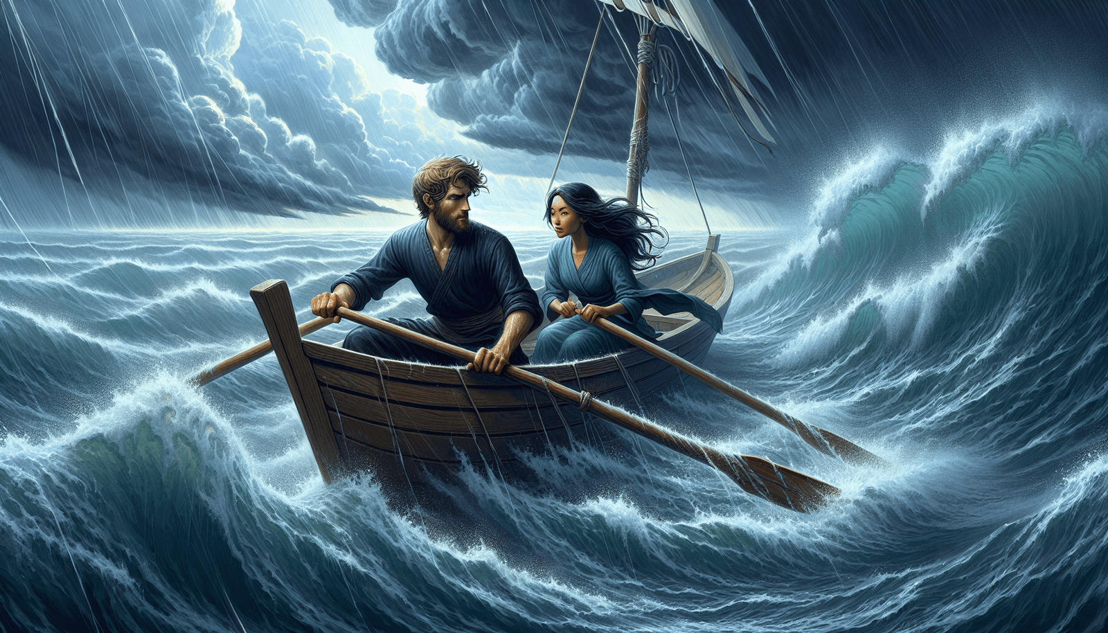 Et par som navigerer i stormfulle farvann sammen, noe som symboliserer tillit i parforhold.