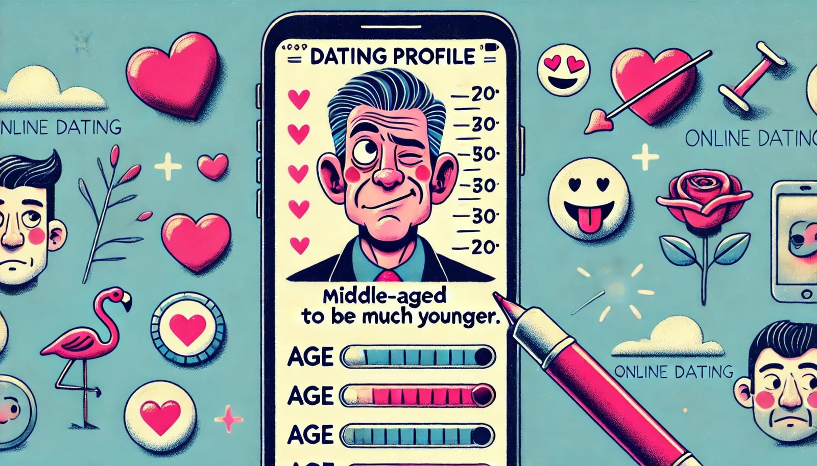 Humoristisk illustrasjon av en datingprofil på en smarttelefon, med en middelaldrende mann som utgir seg for å være yngre.