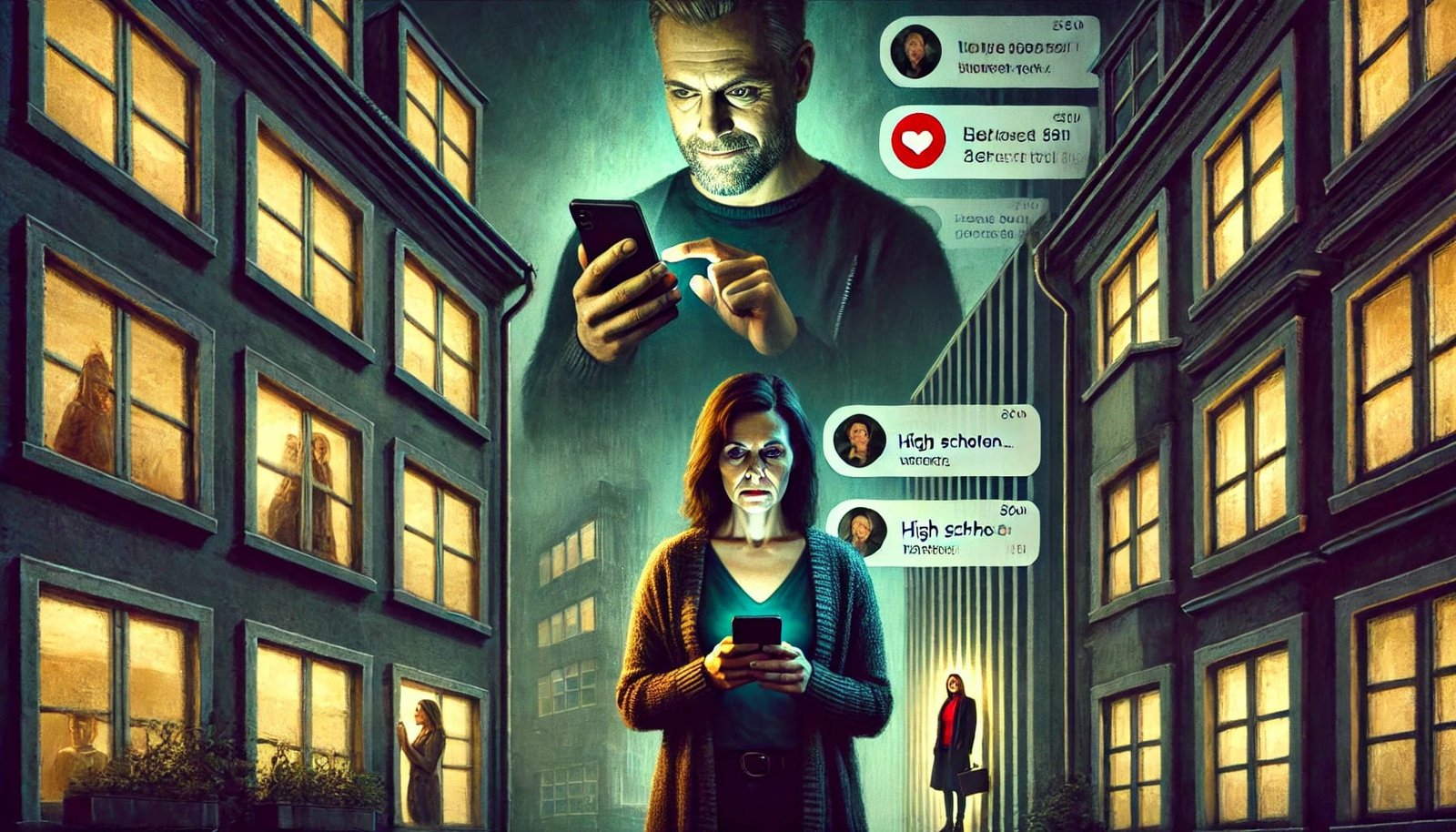 En middelaldrende kvinne holder en smarttelefon med en melding, og ser forvirret ut. I bakgrunnen står en mann med et skjevt smil og sender tekstmeldinger til flere kvinner, mens en annen kvinne venter utenfor, noe som symboliserer svik og følelsesmessig forvikling.