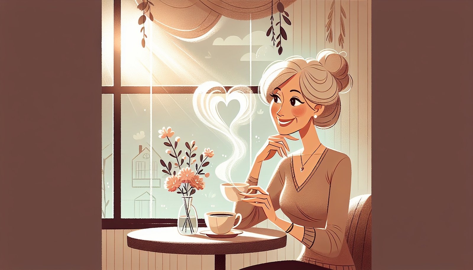 En moden kvinne smiler med en kaffekopp og funderer over dating i 40-årene.