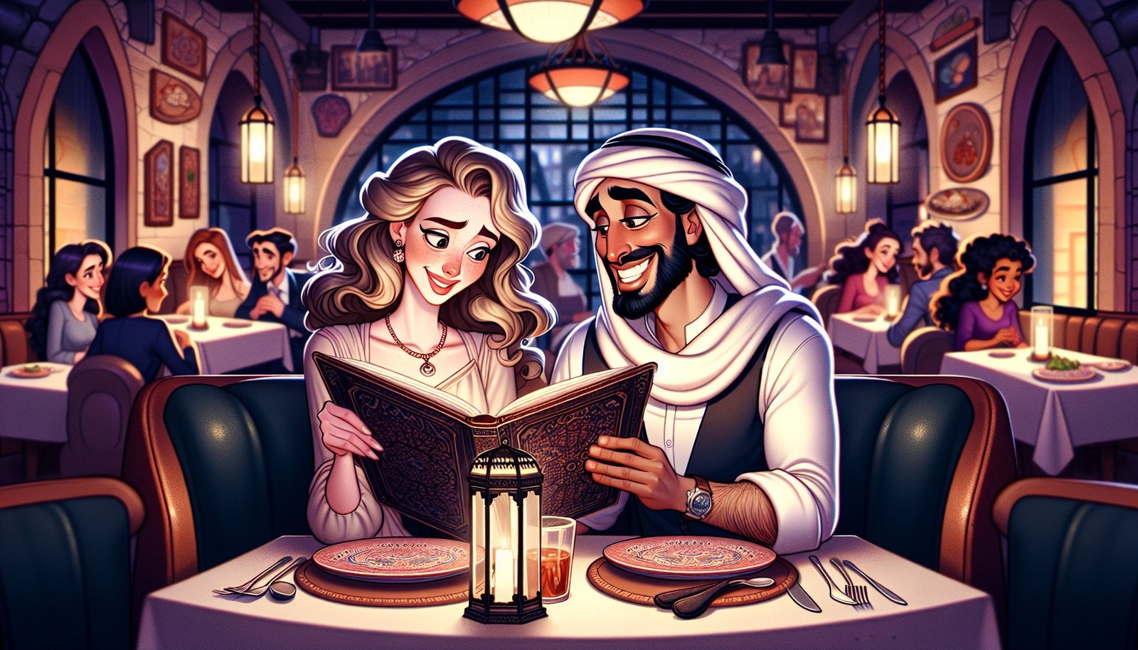 Et par på date som ser på en meny på en restaurant.