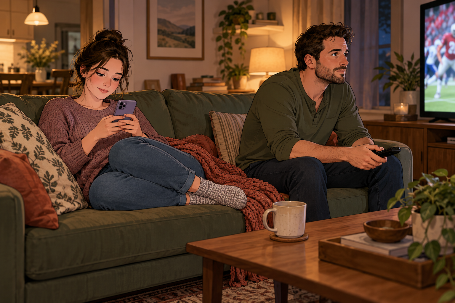 Illustrasjon i varme farger av en kvinne med telefon og en mann med fjernkontroll i en grønn sofa foran en TV som viser sport.