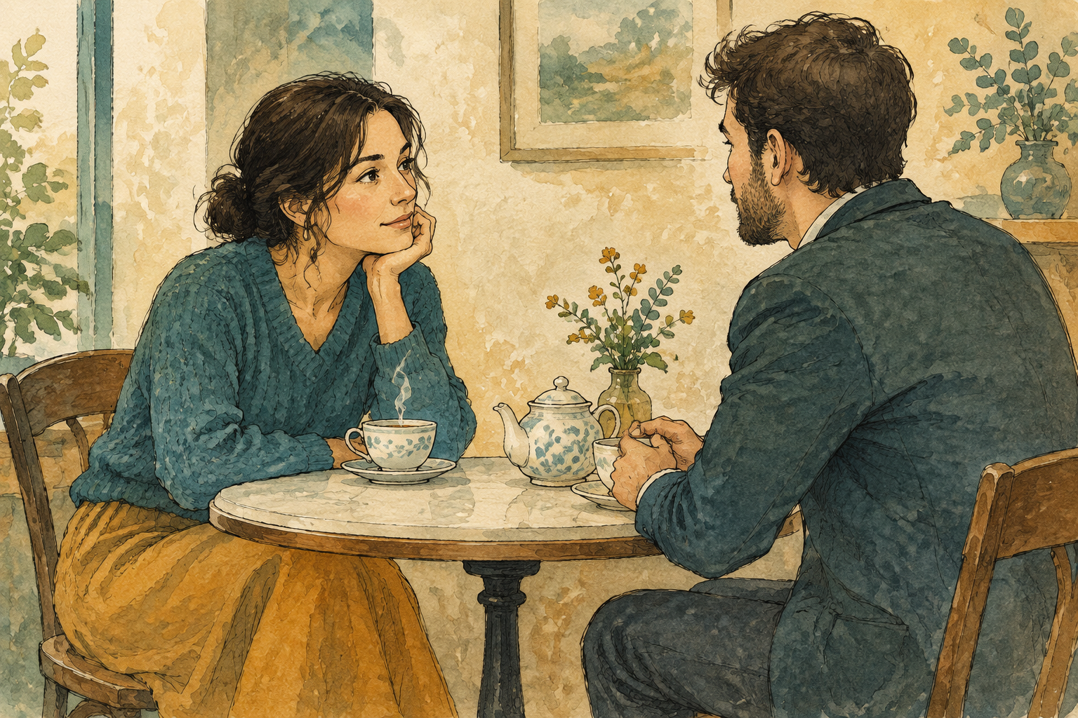Illustrasjon i akvarell og blekk av en kvinne i turkis genser ved et lite rundt tebord, vendt mot en mann i mørk turkis jakke. To tekopper, en tekanne og en liten blomstervase står på bordet.
