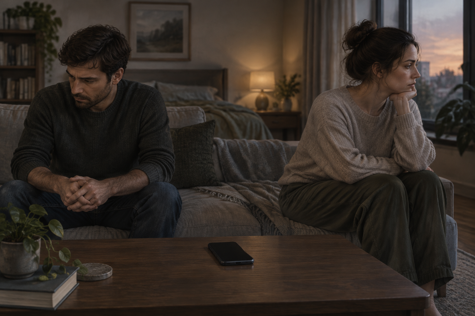 To fullt påkledde voksne sitter med avstand på en sofa i et dunkelt rom og ser hver sin vei. En smarttelefon ligger på bordet mellom dem.